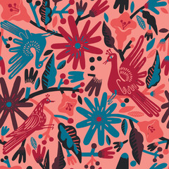 Seamless pattern, doodle style, birds and flowers, pink, abstract, endless, all over print to use textile, fabric, clothing, backdrop, wallpaper, home textile, clothing, fashion, packaging, gift wrap