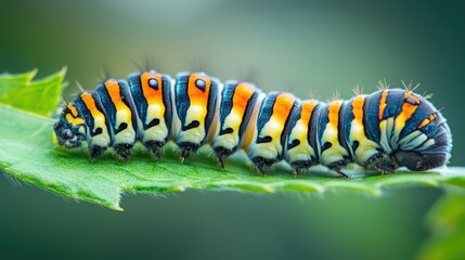 Fototapeta premium Vibrant caterpillar crawling on a green leaf.