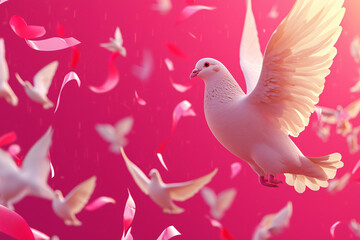 Fototapeta premium pink ribbons releasing dove silhouettes