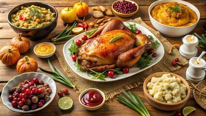 Thanksgiving Feast A beautifully set table with turkey, stuffing, cranberry sauce, mashed potatoes, and assorted sides