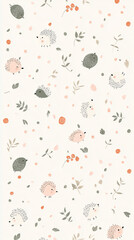 Cute Woodland Hedgehog Pattern with Foliage and Nature-Inspired Minimal Design Suitable for Phone Wallpaper
