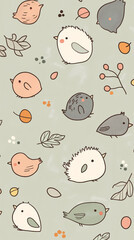 Playful Pattern of Adorable Birds and Foliage on a Pastel Background for Phone Wallpaper