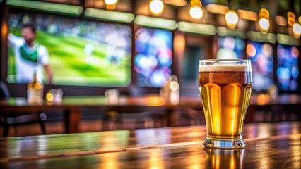 Pint of beer on bar counter with TV showing soccer match in blurred background, beer, pint, bar, counter, TV, soccer, match