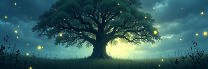 A panoramic wallpaper of an ancient oak tree in the middle of a misty meadow, painted in a fantasy art style with glowing fireflies and magical light effects.

