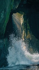Fototapeta premium Waterfall Inside Cave with Light Rays Wallpaper