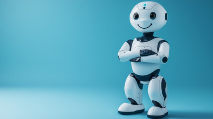 Fototapeta premium Futuristic Humanoid AI Robot with Sleek White Metallic Body and Gradient Blue Background for Modern Technology Concept