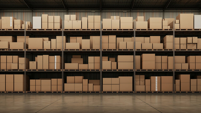 Warehouse Inventory: Rows of neatly stacked cardboard boxes fill industrial warehouse shelves, showcasing efficient storage and logistics.  