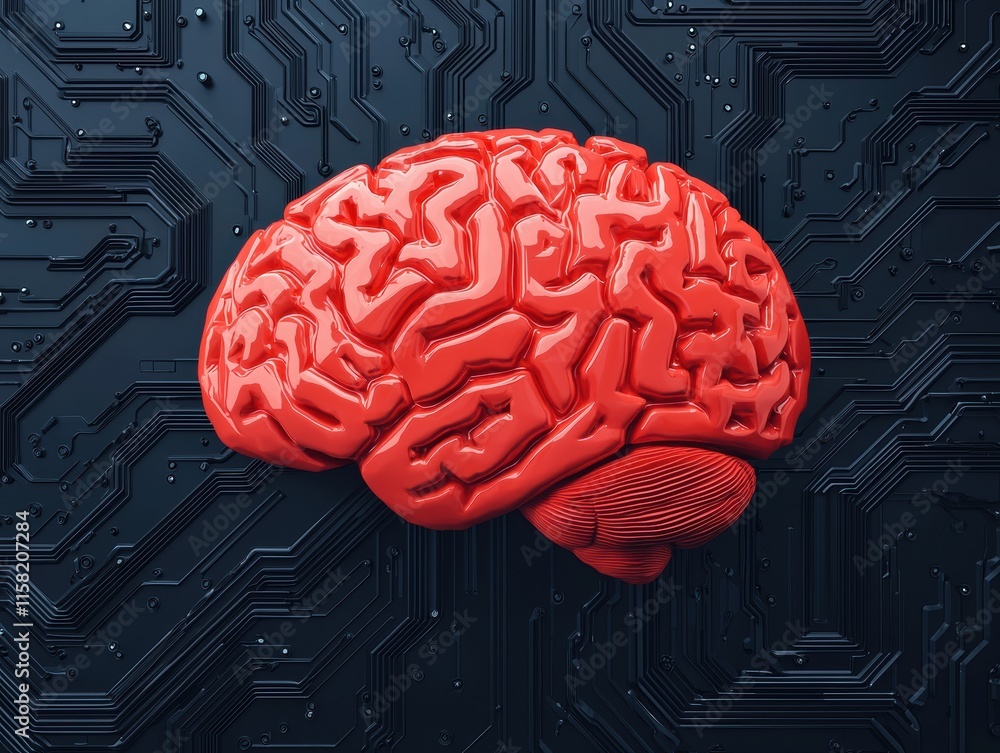 Aufkleber Red artificial brain resting on circuit board symbolizing innovation