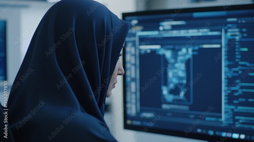 Poster elegant woman in hijab focused on computer screen with code and data analysis