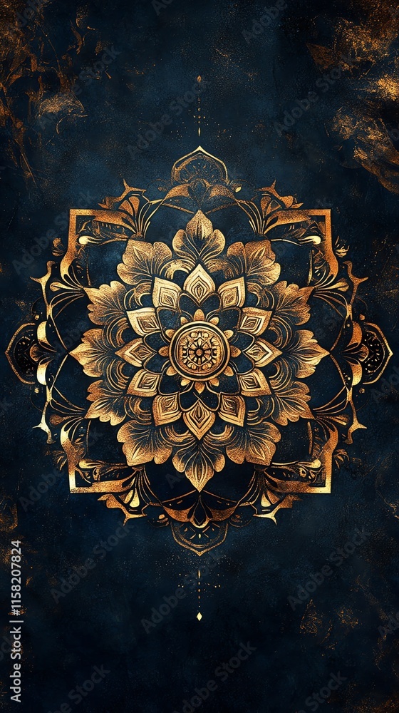 Poster a detailed mandala design with intricate floral patterns on a dark background.