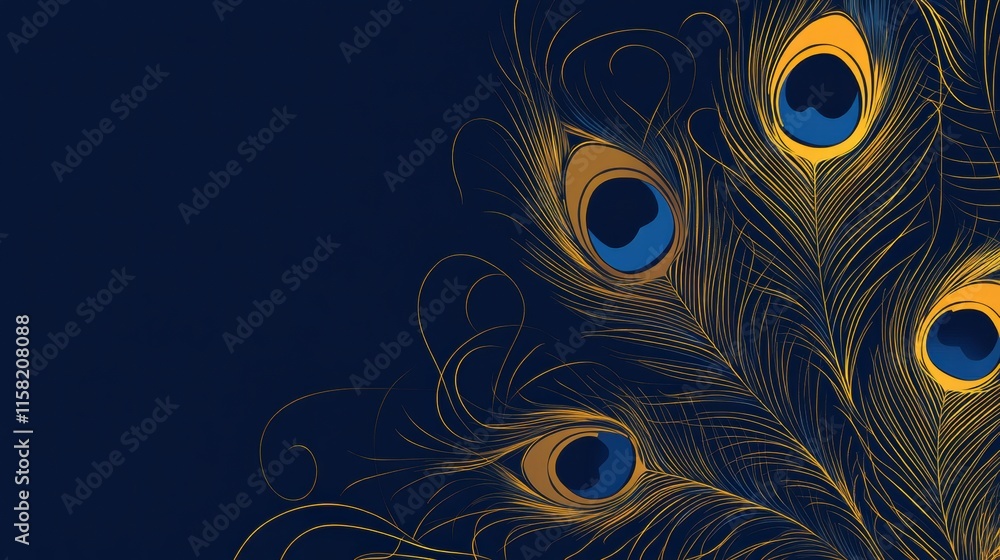 Poster Elegant line art of peacock feathers with generous copy space suitable for mock up designs and creative projects. Generative AI