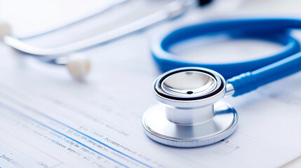 Medical Examination: Close-up of a stethoscope on patient charts 
