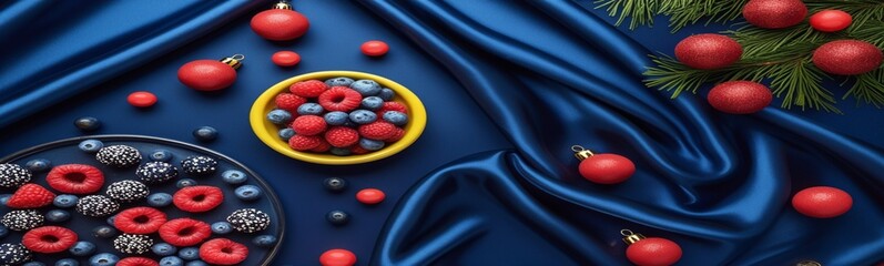 Red Christmas balls, isolated on white, gleam like festive jewels in a blue box, ready for a game of holiday decoration