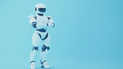 Fototapeta premium Futuristic Humanoid AI Robot with Sleek White Metallic Body and Gradient Blue Background for Modern Technology Concept