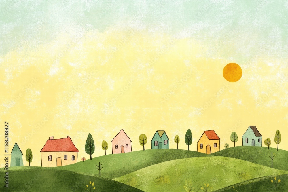 Poster colorful naive art style village landscape under a bright sun with ample space for text placement. g