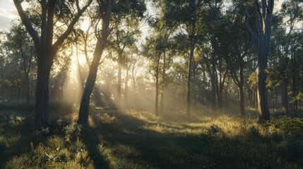 Fototapeta premium A serene forest scene with sunlight filtering through trees, creating a tranquil atmosphere.