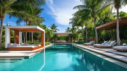 Modern poolside area with a cabana, loungers, and palm trees adding a tropical vibe to the sleek design