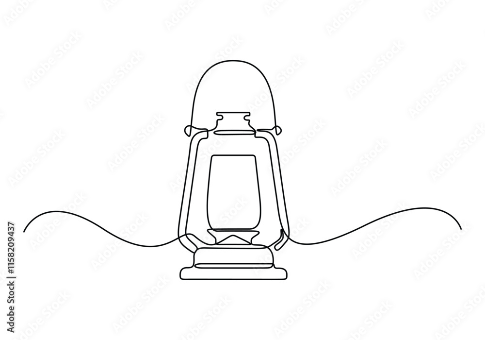 Poster kerosene lantern one line drawing. line art paraffin lamp. hand drawn art, continuous one line drawi