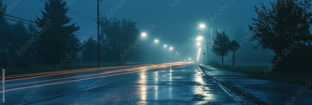 Aufkleber Night road illuminated by vibrant streaks of car lights under a cloudy sky with space available for text. Generative AI