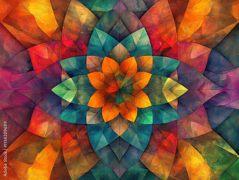 Poster a vibrant, symmetrical pattern resembling a flower, created with colorful, layered shapes.