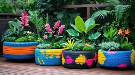 "Design a vibrant and eco-friendly garden using recycled tires painted in bright, colorful patterns. Each tire serves as a unique planter, filled with lush greenery, flowering plants...