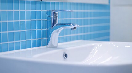Modern Bathroom Sink with Chrome Faucet Against Blue Mosaic Tile Background