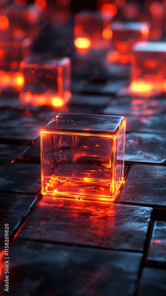 Poster A close-up of glowing ice cubes on a dark surface, creating a striking visual effect.