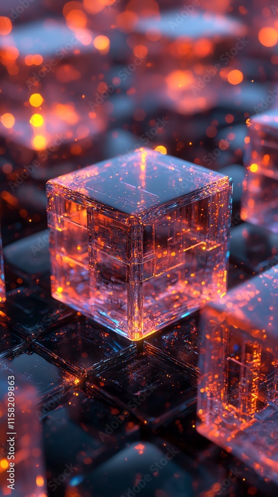 Poster a close-up of glowing transparent cubes with sparkling particles, creating a futuristic effect.