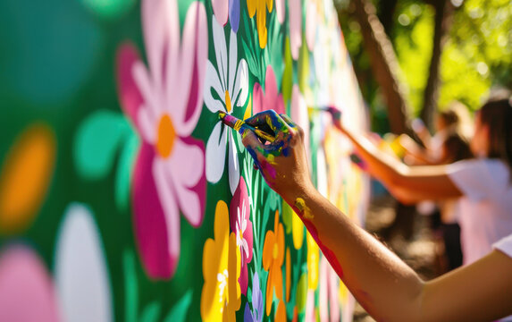 group of people painting vibrant mural with colorful flowers on sunny day