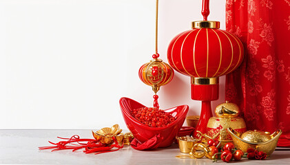 Traditional Chinese New Year Decoration with Red Lanterns and Festival Items white background