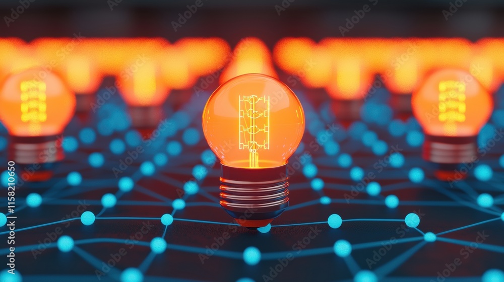 Poster light bulbs interconnected on digital network: creative collaboration and global communication