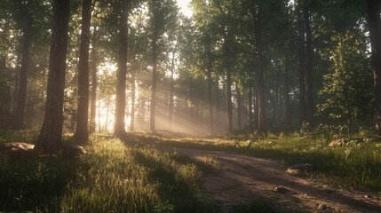 Obraz premium A serene forest scene with sunlight filtering through trees, creating a peaceful atmosphere.