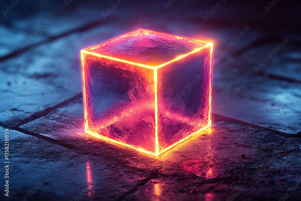 Poster A glowing ice cube with neon edges on a textured surface, creating a surreal visual effect.