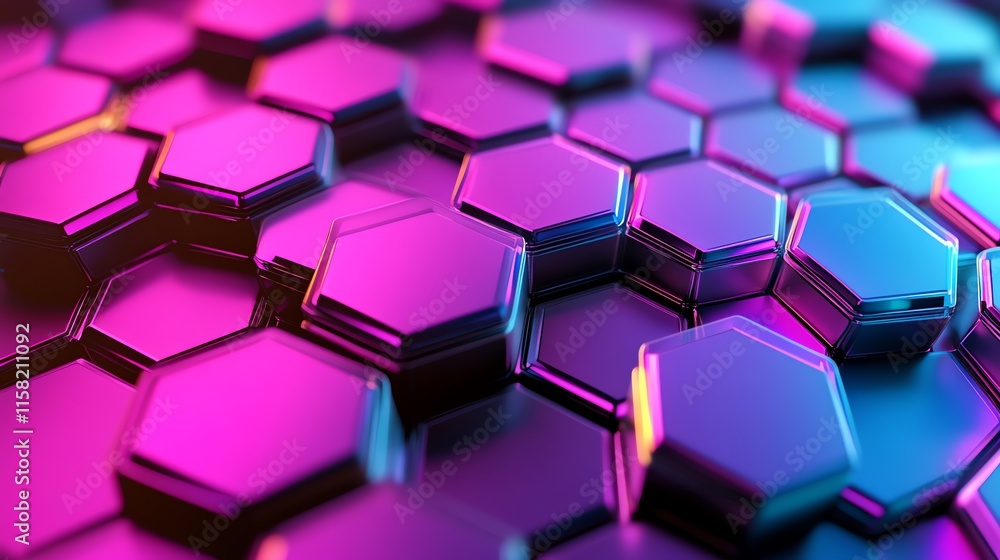 Poster a vibrant, abstract hexagonal pattern with a glossy finish and colorful lighting effects.