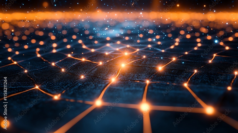 Poster Abstract digital network with glowing nodes and grid structure.