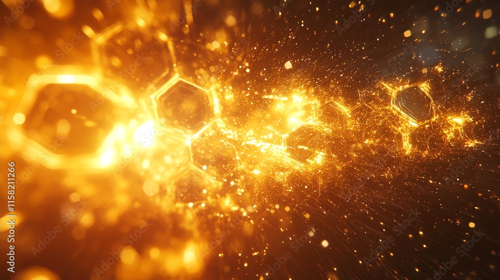 Poster Abstract representation of glowing hexagonal patterns and particles in motion.