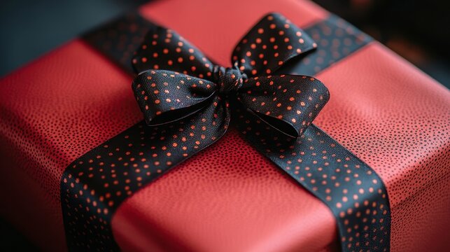 Close-up of a red gift box with a black polka dot ribbon.