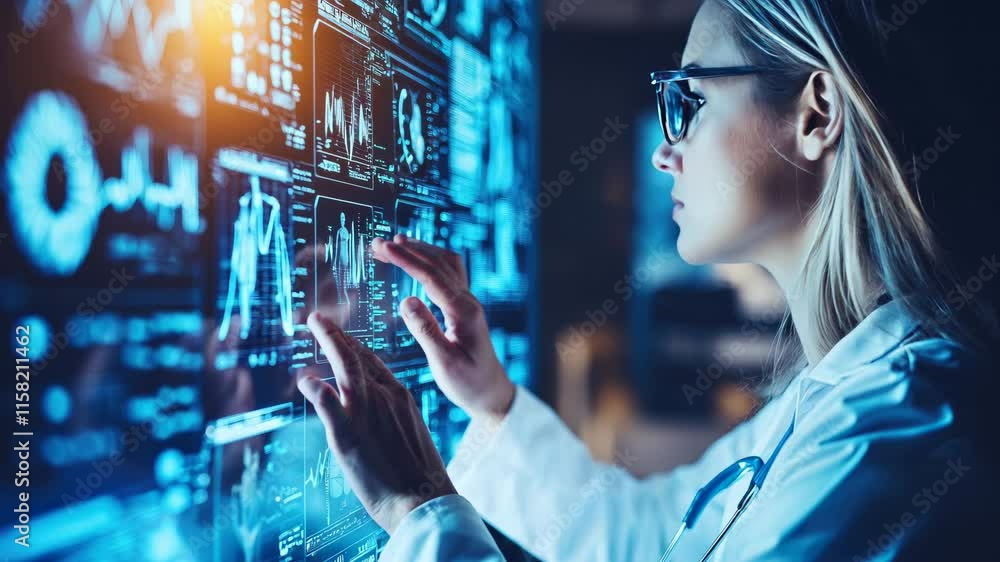 Poster focused scientist analyzing data on futuristic digital screens in high tech laboratory setting