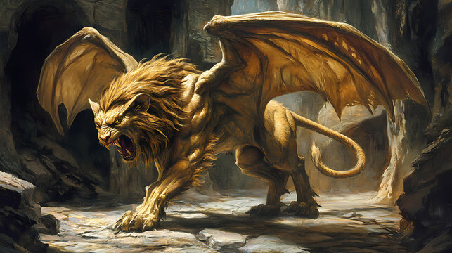 Fearsome chimera prowling through the labyrinthine caves,its roar shaking the very stones in a chimeras lair. illustration. labyrinthine. illustration. Chimera. Illustration