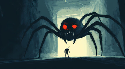 Giant boss black spider monster in the dungeon. huge arachnid chimera. Chimera. Illustration