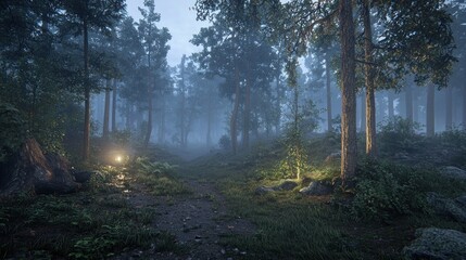 Obraz premium A misty forest path illuminated by soft lights, creating a serene and mysterious atmosphere.