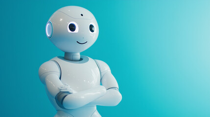 Obraz premium Futuristic Humanoid AI Robot with Sleek White Metallic Body and Gradient Blue Background for Modern Technology Concept