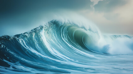 Ocean's Majesty: A breathtaking panoramic view of a colossal wave, its turquoise depths and frothy crest illuminated by the soft glow of dawn.