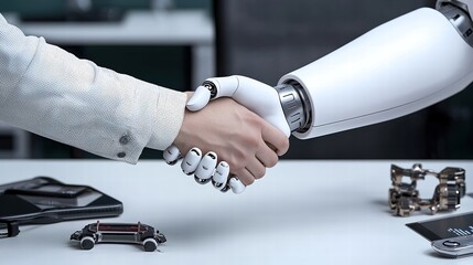 A robot and human shaking hands over a desk with futuristic gadgets in a corporate office, symbolizing partnership, balanced composition, professional photography,