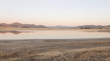 Serene landscape featuring a calm lake surrounded by mountains at dusk.