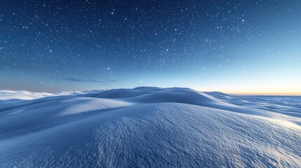 A serene snowy landscape under a starry sky at dawn.