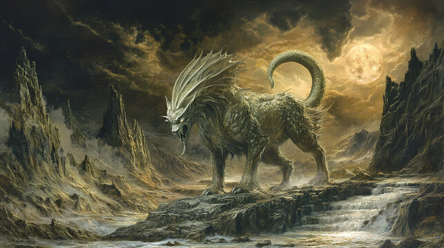 Illustration of the mythological creature, the chimera, in a dramatic landscape. Chimera. Illustration
