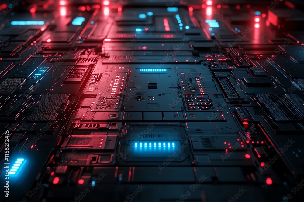 Aufkleber a futuristic circuit board design with glowing elements in blue and red tones.
