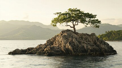 Naklejka premium A solitary tree atop a rocky island surrounded by calm waters and distant mountains.