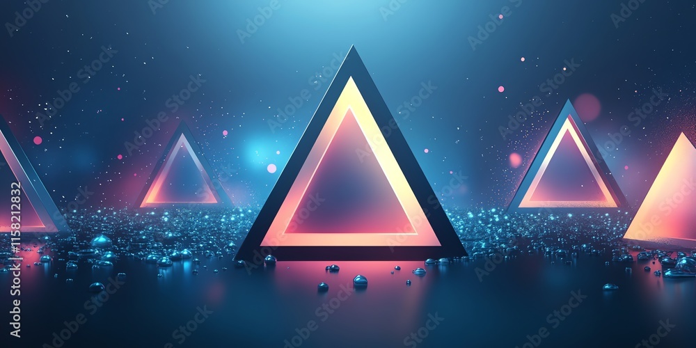 Poster A futuristic scene featuring glowing triangular shapes on a reflective surface with colorful lights.